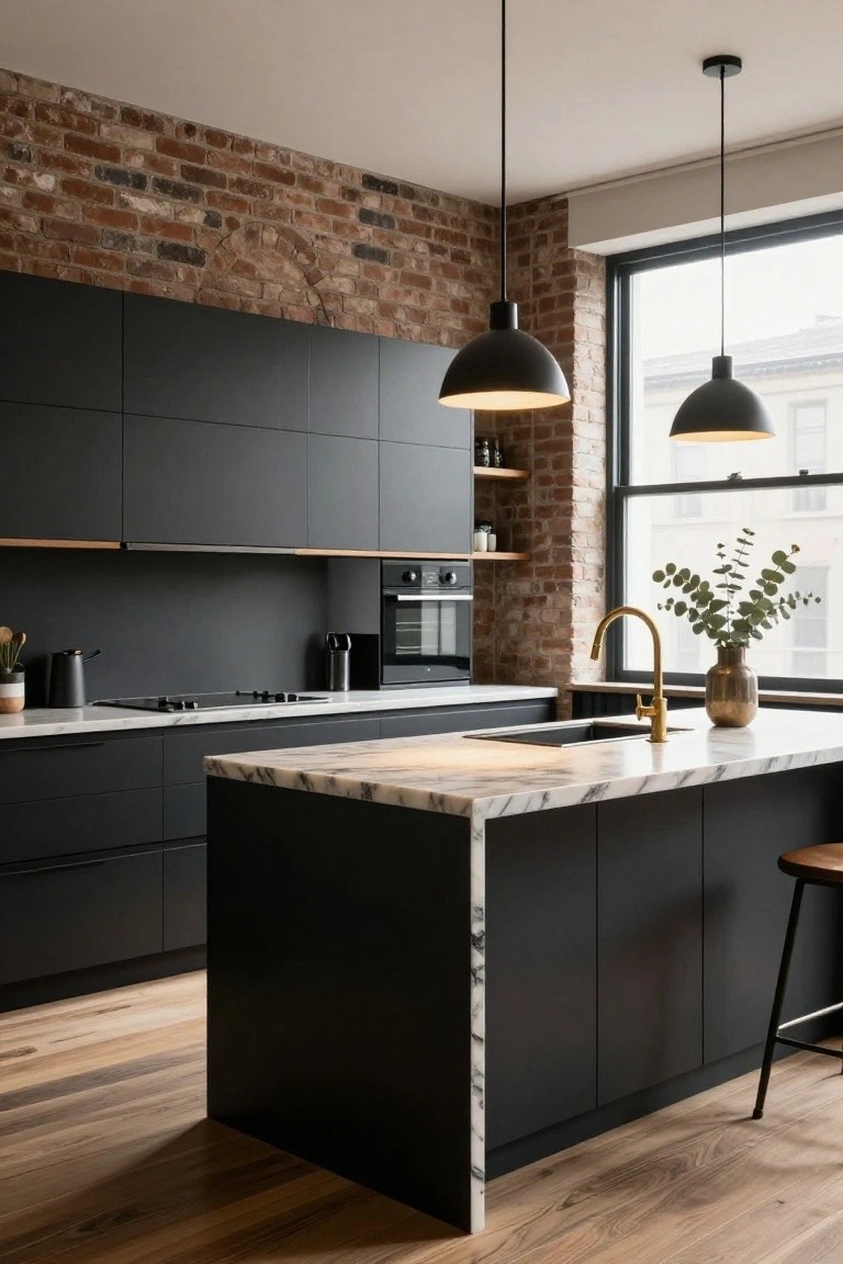 Modern kitchen with matte black handleless cabinets, white marble island and counters, gold faucet, exposed brick wall, black pendant lights, and wooden flooring.