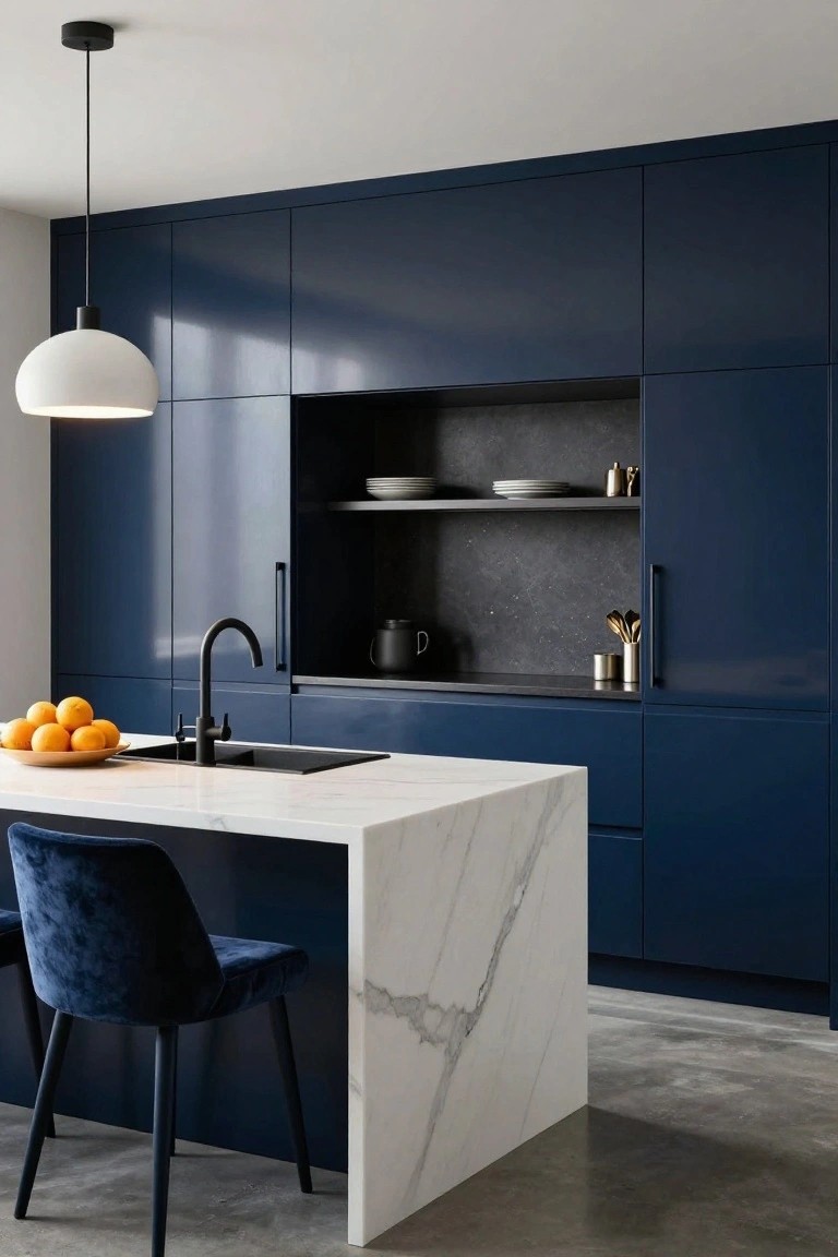 Modern kitchen with glossy navy blue handleless cabinets, open shelving niche, black faucet over sink, white marble island, blue velvet chair, and polished concrete floor.