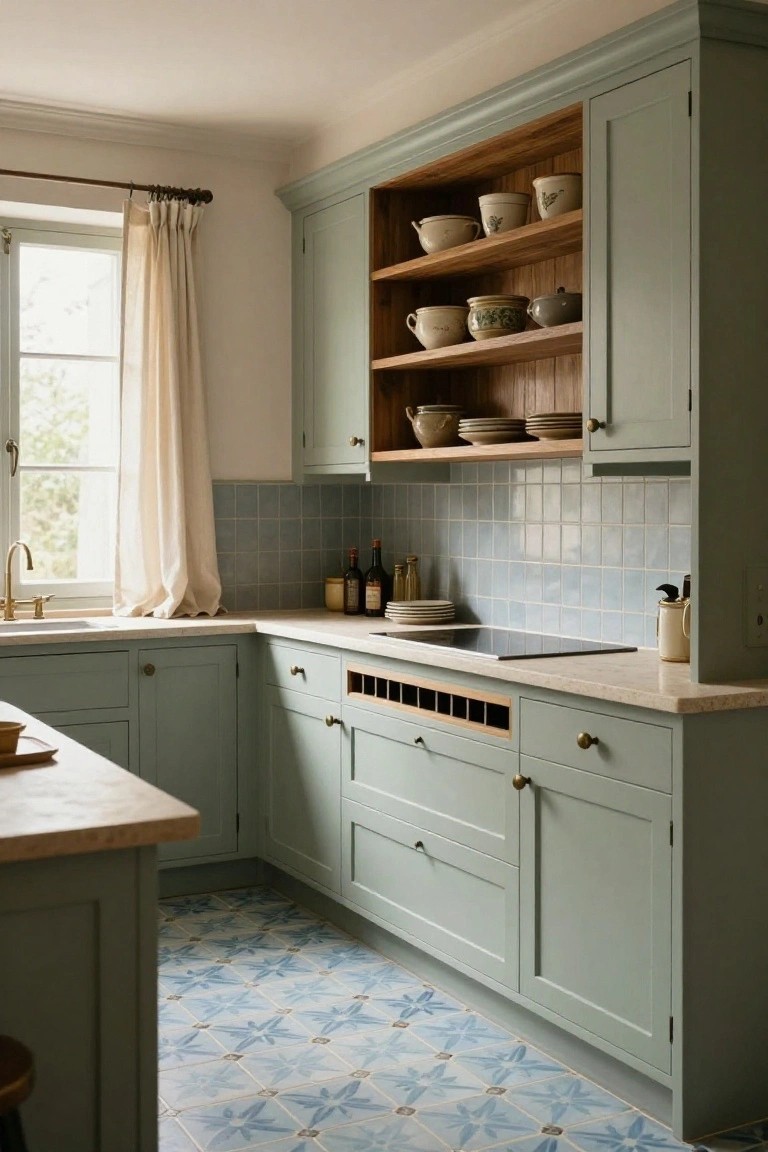 Corner view of a kitchen featuring handleless sage green cabinets, open wooden shelves with pottery, blue subway tile backsplash, induction cooktop, beige countertops, and blue star-patterned floor tiles.