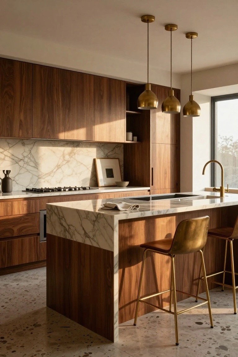 Modern kitchen interior featuring handleless walnut wood cabinets, white marble countertops and backsplash, gas cooktop, integrated sink, gold pendant lights, and two gold bar stools at a marble island on terrazzo floor.