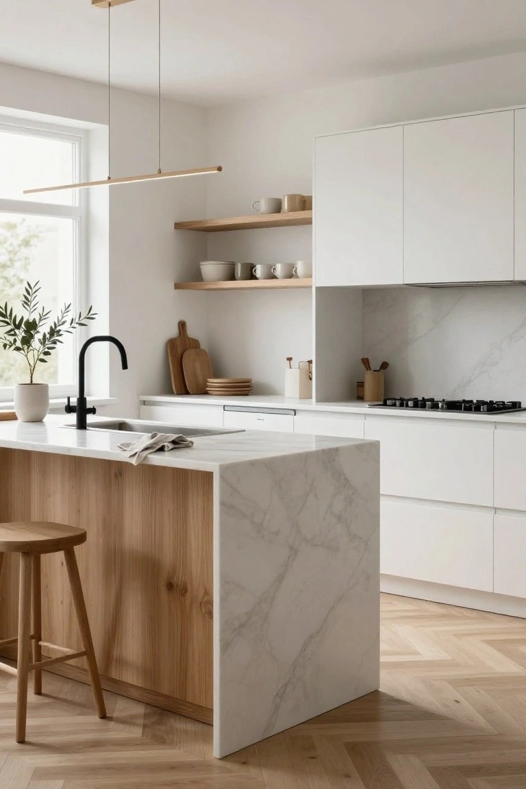 Modern white handleless kitchen with wooden island base, white marble countertop, black faucet, wooden stools, open shelves with ceramics, and herringbone oak flooring.