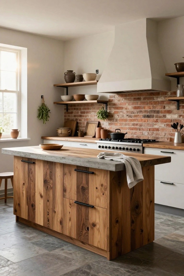 Kitchen interior featuring white handleless cabinets, exposed brick backsplash behind a gas range, open shelves with pottery, and a large wooden island with concrete countertop and black drawer pulls.
