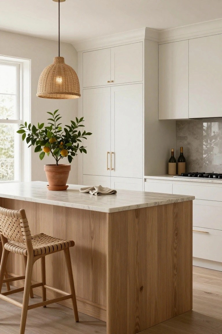 Bright kitchen with white handleless cabinets, light wood island topped by white marble countertop holding terracotta pot with lemon tree and linen cloth, rattan bar stool at island, woven rattan pendant light overhead, and window nearby.