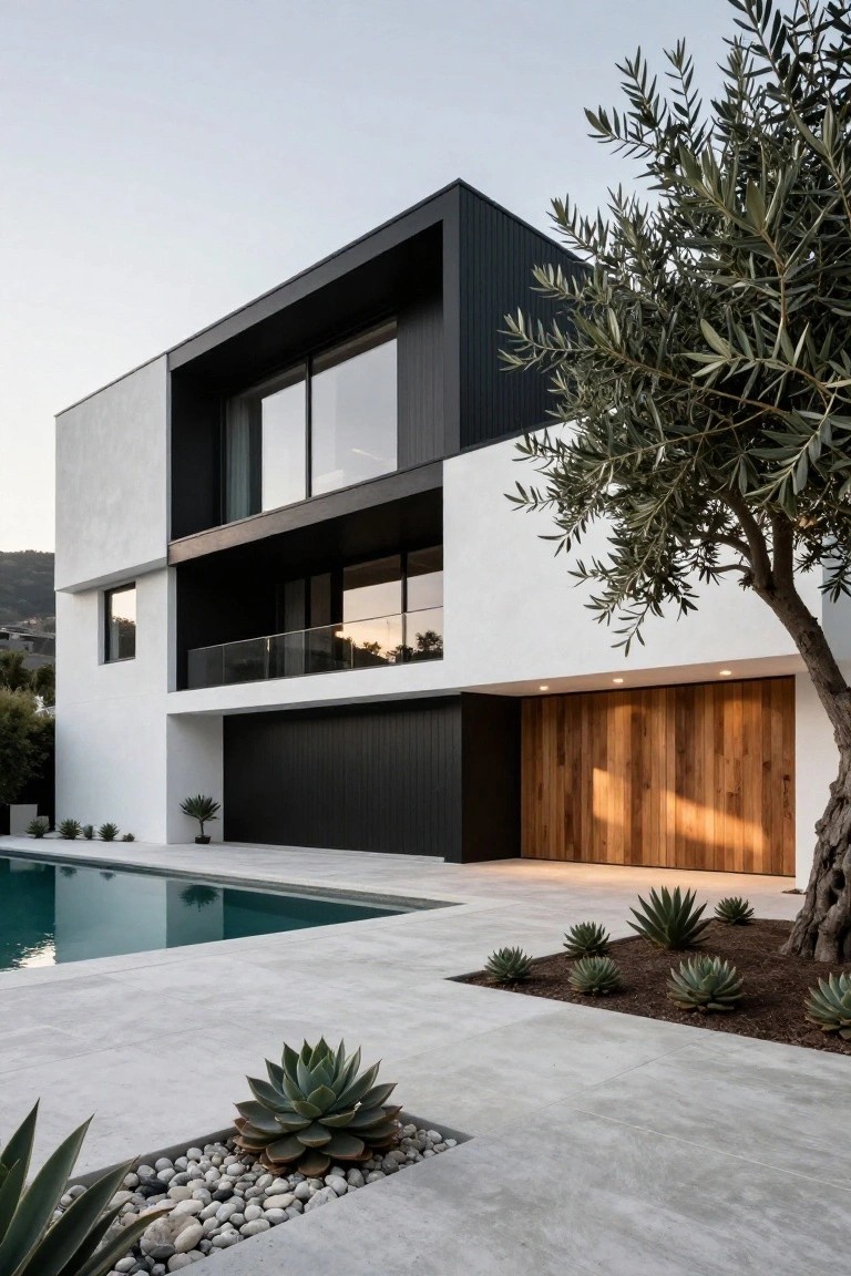 Modern house exterior with black vertical cladding on upper volumes, white stucco walls below, large glass windows, dark garage door, wooden pivot entry door, infinity-edge pool, agave plants, and olive tree in foreground.