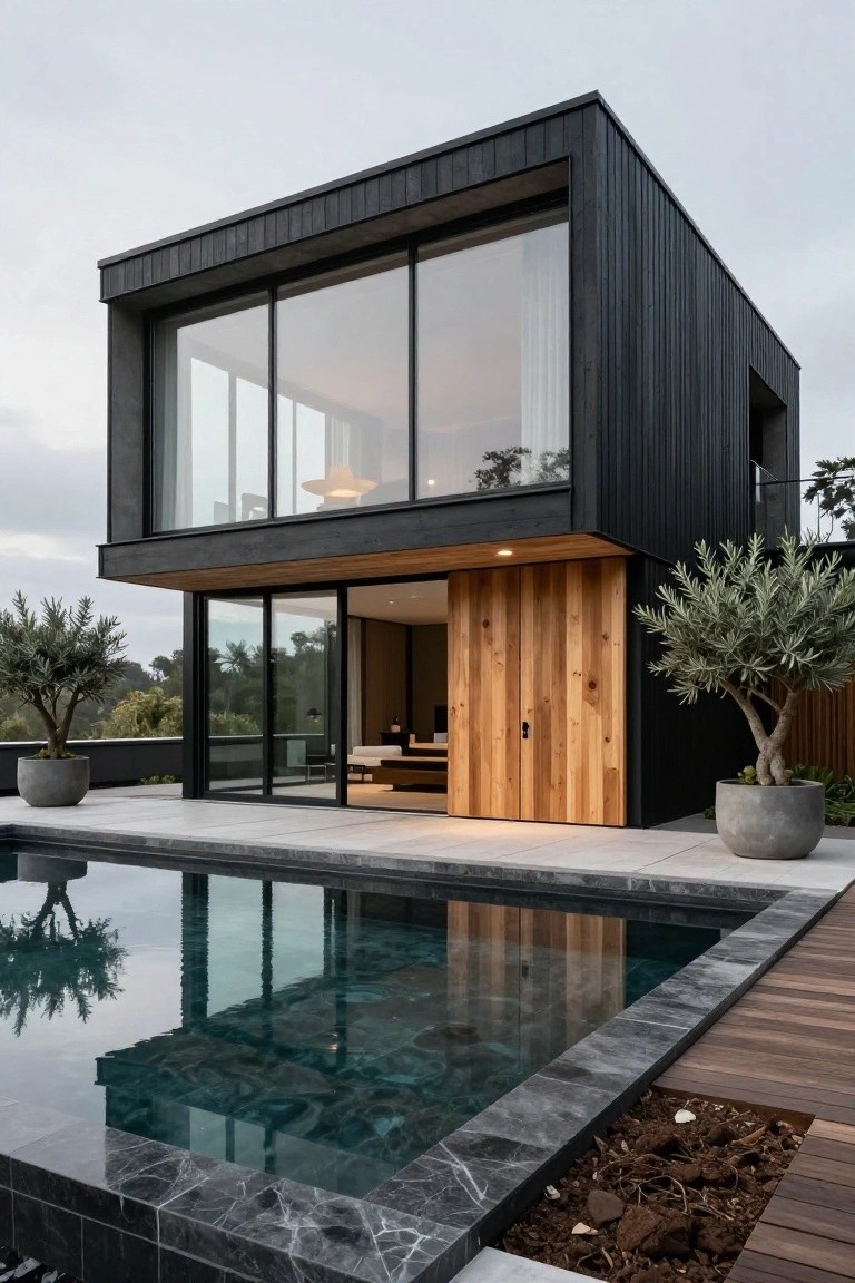 Modern rectangular house with vertical black wood cladding, large floor-to-ceiling glass windows, warm wood entry doors, infinity-edge pool with dark marble coping, wooden deck, and potted olive trees.