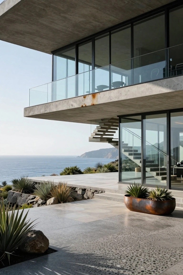 Multi-level modern concrete house with cantilevered upper sections, glass walls and balcony, external staircase, terrace with plants, overlooking ocean and cliffs.