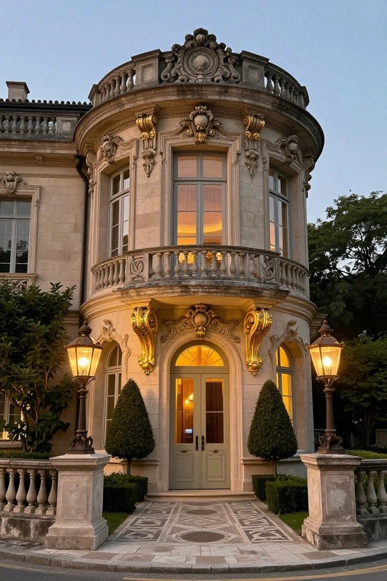 Beige stone mansion corner showing ornate curved facade, balcony, tall arched green double doors with gilded carvings, flanked by lanterns and topiary trees on pedestals, mosaic entry path, and surrounding shrubs at dusk.