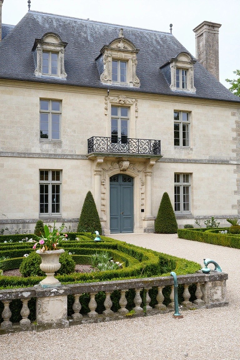 Front exterior view of a two-story beige stone mansion with steep gray slate mansard roof, dormer windows, central balcony above a green double door entry, flanked by topiary conifers and formal boxwood hedges on a gravel path.