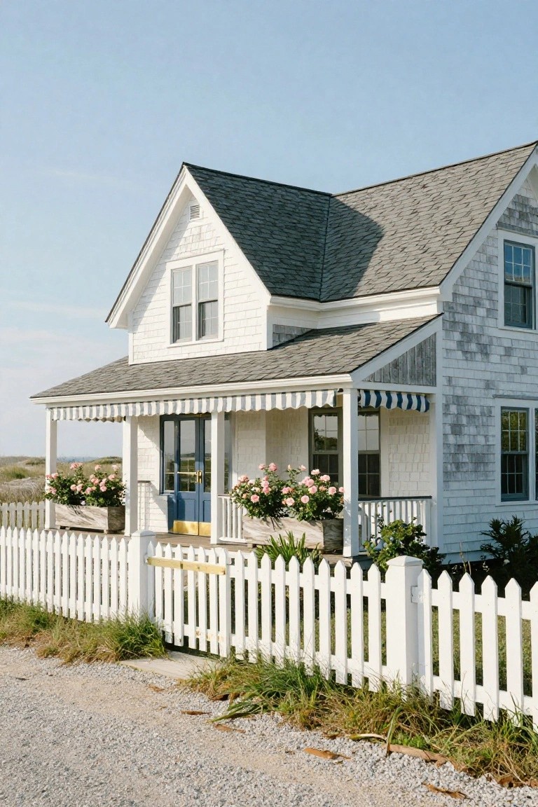 White shingle-style house with gabled roof, blue double doors on a covered porch with navy and white striped awning, potted pink roses on porch, white picket fence, and dune grass nearby.