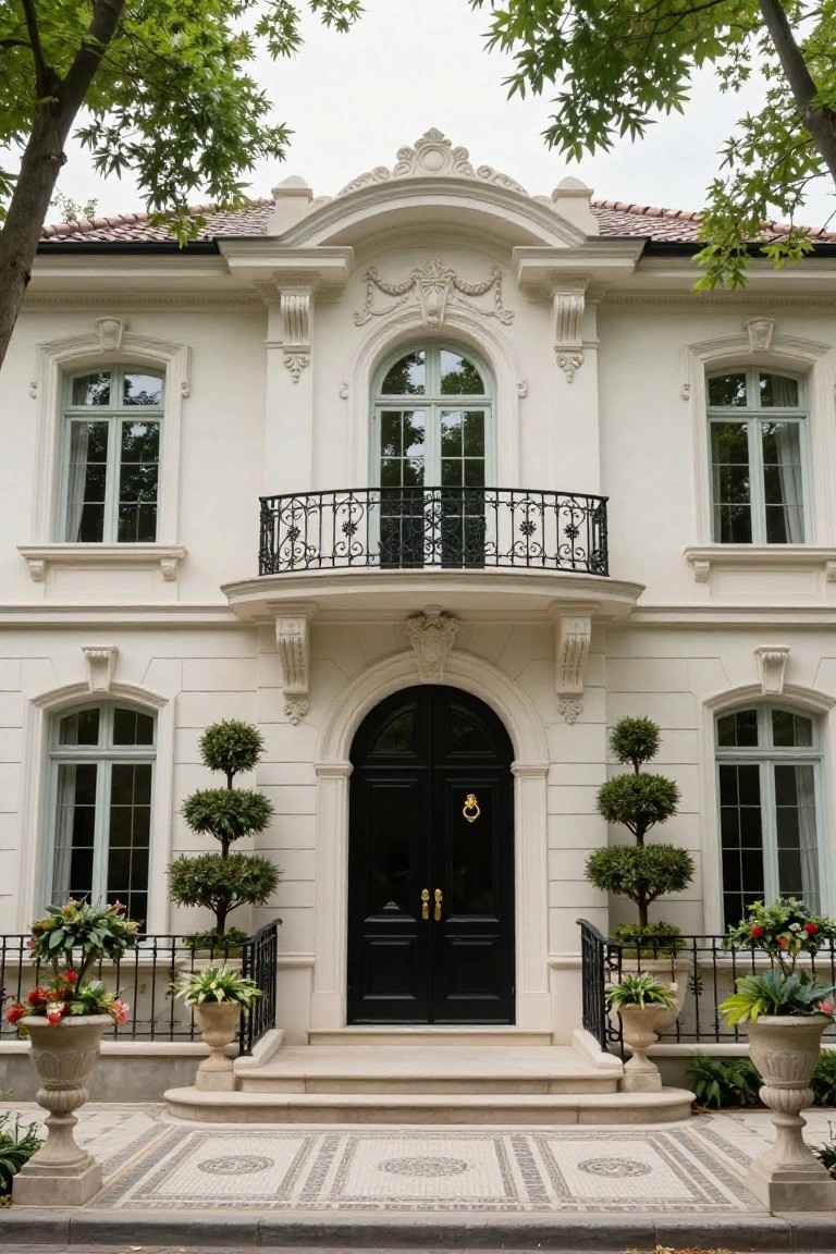 White stucco house facade with ornate plaster details, arched black front door with gold knocker, wrought iron balcony, tall windows, topiary shrubs in pots, and mosaic tile entry path flanked by trees.