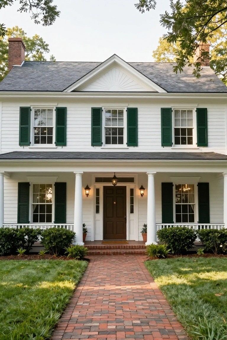 White two-story clapboard house with green shutters, symmetrical windows, brick chimney, covered front porch supported by round columns, dark front door with lanterns, brick walkway, and low shrubs on the sides.