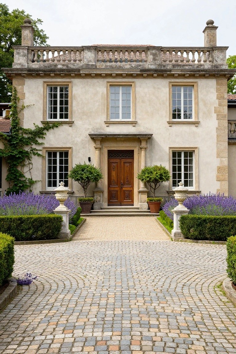 Front exterior of a two-story beige stucco house with stone quoins and trim, tall sash windows, wooden double doors under a small portico with columns, lavender borders, boxwood shrubs, urns, and curved cobblestone driveway.