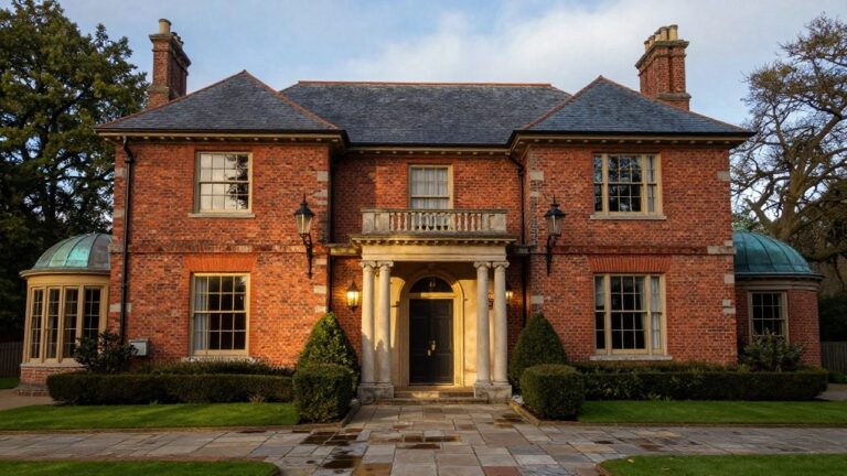 Red brick mansion exterior with central stone portico supported by columns, flanked by lanterns, sash windows, slate roof, and front landscaping including hedges, potted plants, and a paved pathway.