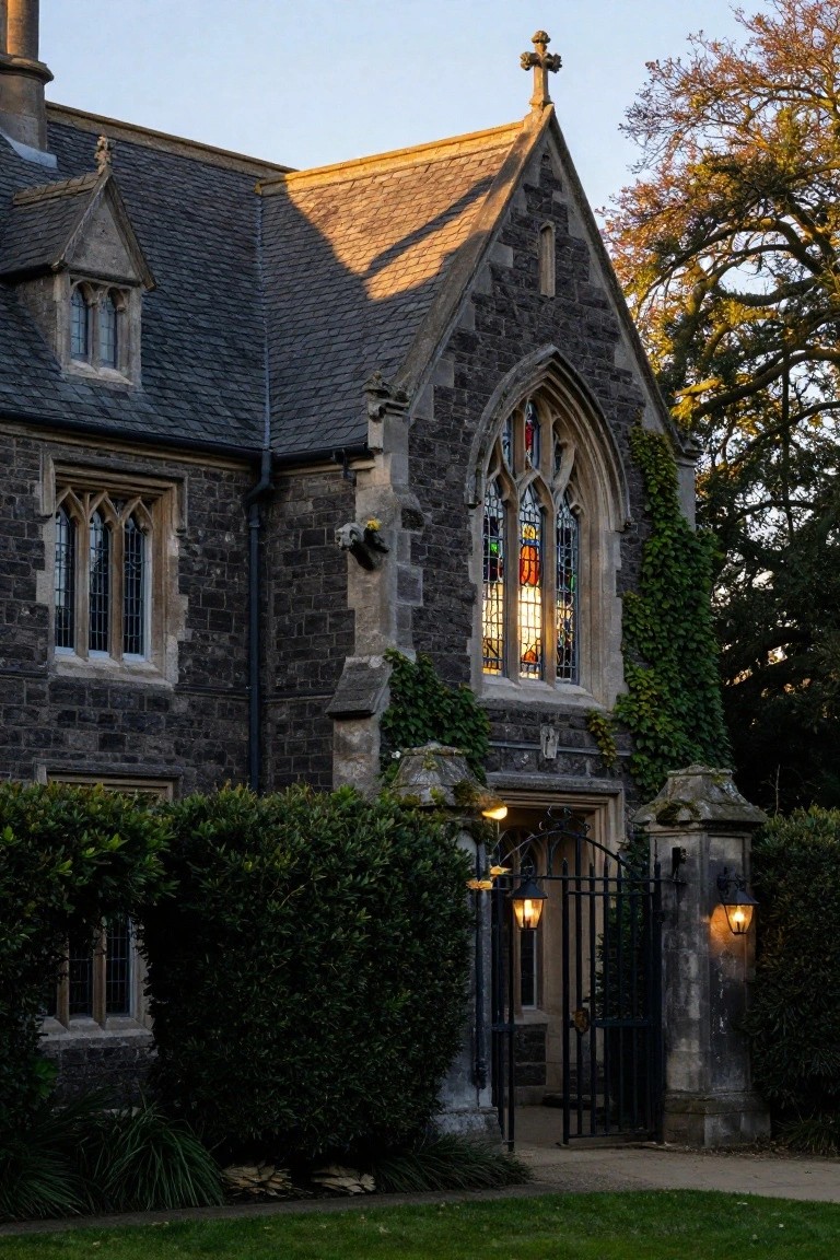 Stone Gothic Revival house exterior with pointed arch stained glass window, ivy climbing walls, dense green hedges, wrought iron gate, and lanterns in evening light.