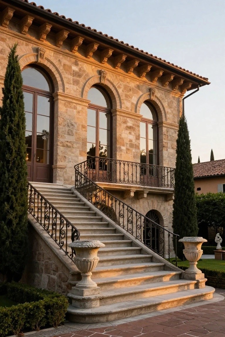Stone mansion facade with three tall arched windows and doors, a wide curving stone staircase with black wrought-iron railings and balustrade, flanked by tall cypress trees and large stone urns, surrounded by low hedges and a tiled path at dusk.