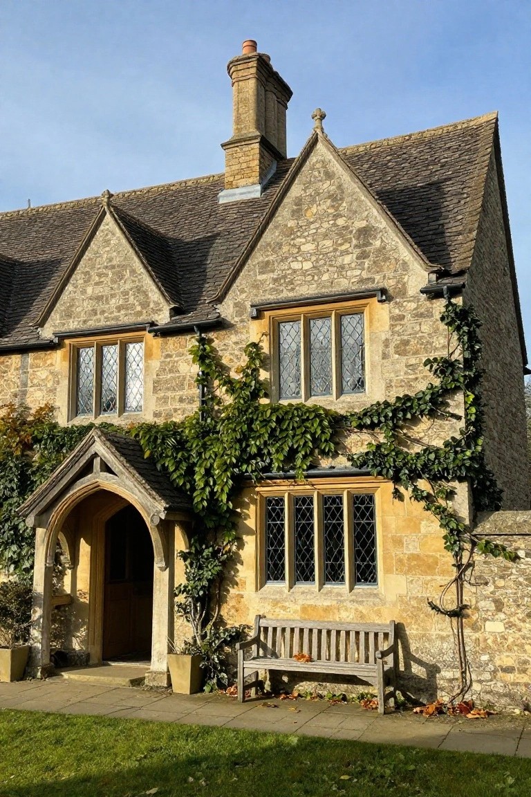 Two-story stone house with gabled slate roof, ivy climbing the walls, leaded glass windows, arched wooden porch entry with bench, and front lawn with fallen leaves.