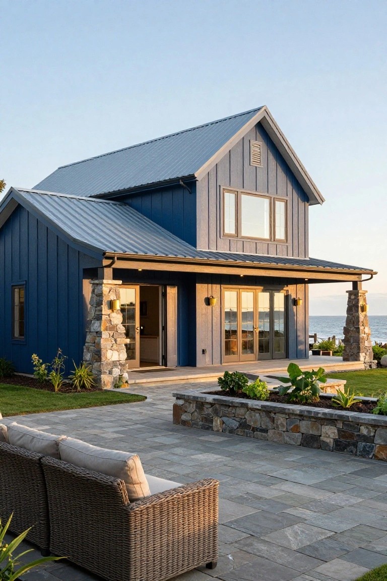 A two-story navy blue clapboard house with gray standing-seam metal roof, gabled design, covered porch with stone pillars and glass doors, stone patio with wicker sofa, garden beds, and ocean view in the background.
