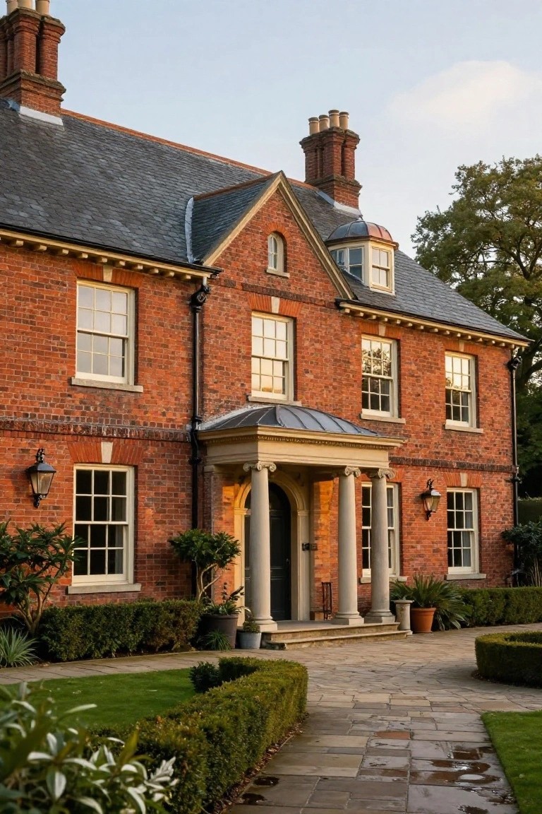 Red brick mansion exterior with central stone portico supported by columns, flanked by lanterns, sash windows, slate roof, and front landscaping including hedges, potted plants, and a paved pathway.