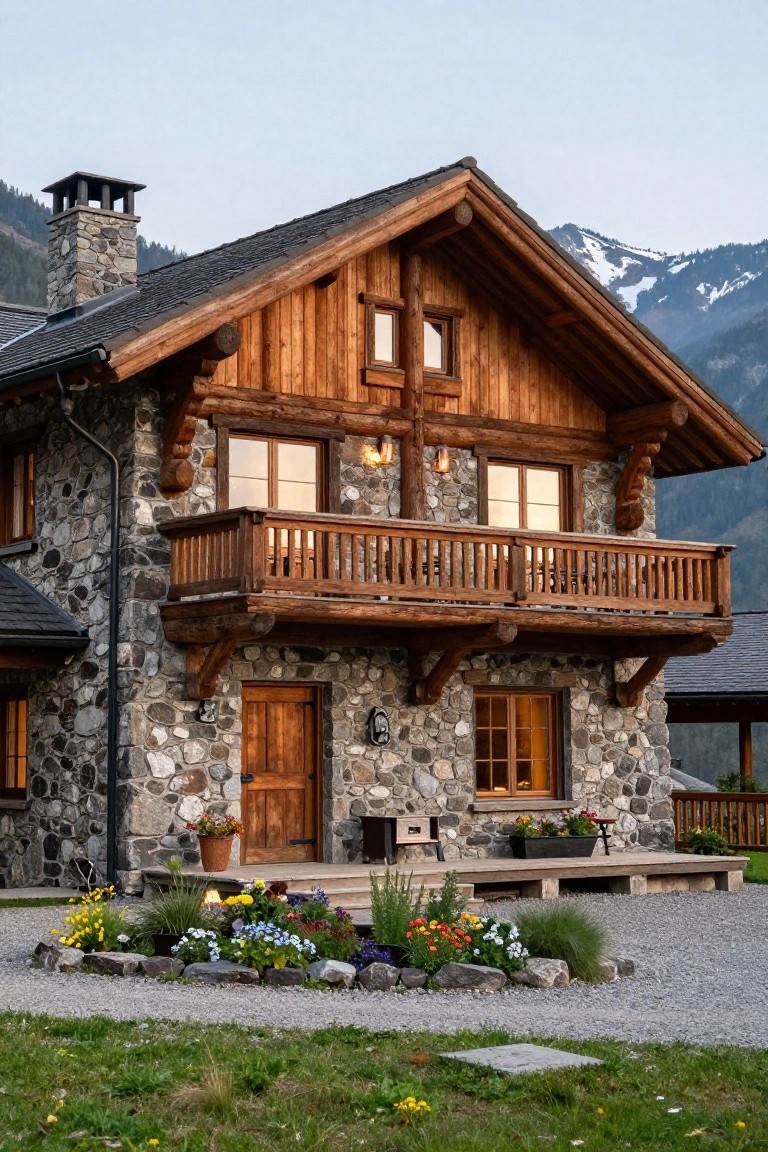 Two-story chalet house with gray stone lower walls, dark wood shingle roof and cladding, wooden balcony, front door, flower planters, and gravel driveway in front of grassy yard and mountains.