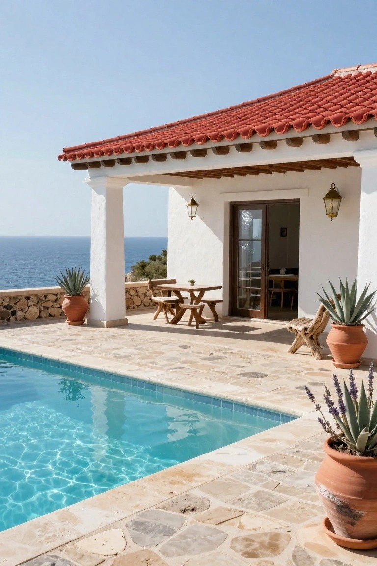 White stucco house with red barrel-tile roof and open glass doors on a terrace with wooden picnic table, benches, potted agave and lavender plants, turquoise pool, and ocean view.