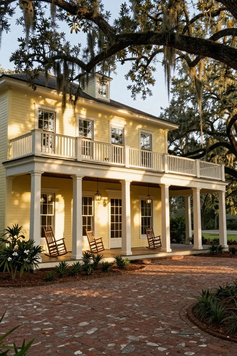 Pale yellow two-story clapboard house with wide raised front porch supported by white columns, wooden rocking chairs on the porch, live oak trees draped in Spanish moss overhead, brick paver path, and potted plants nearby.