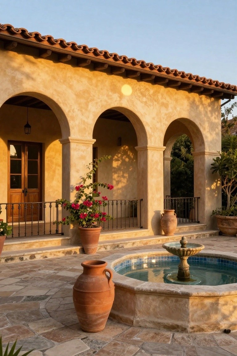 Beige stucco house exterior with red terracotta barrel tile roof, three rounded arches forming a portico, wooden double doors, wrought-iron railing on a balcony, bougainvillea plant, terracotta pots, and a stone fountain on a tiled patio.