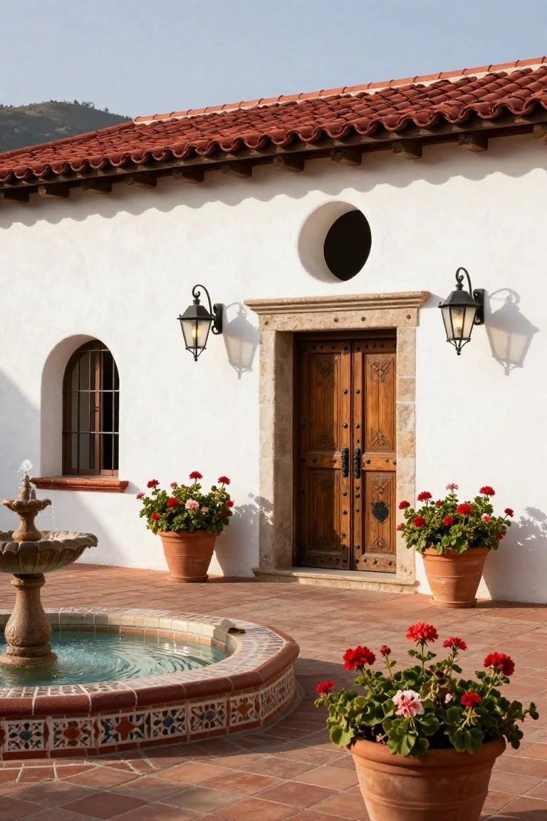 White stucco building with red tile roof, arched wooden double doors in a stone frame, wall lanterns, small arched window, potted red geraniums, and a tiled fountain on a brick patio courtyard.