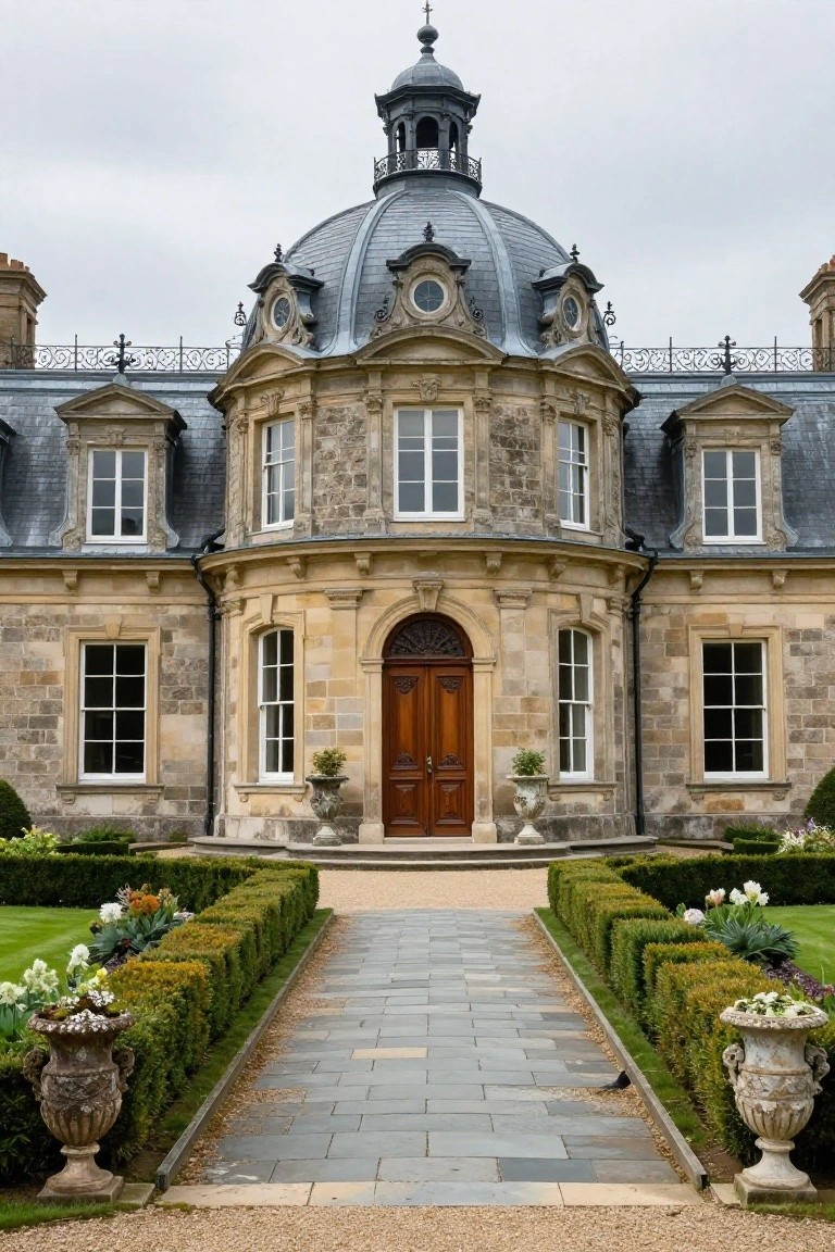A grand beige stone mansion with a central curved pavilion, mansard slate roof, dome lantern, arched wooden double doors, tall windows, and formal landscaping including boxwood hedges and a slate pathway.