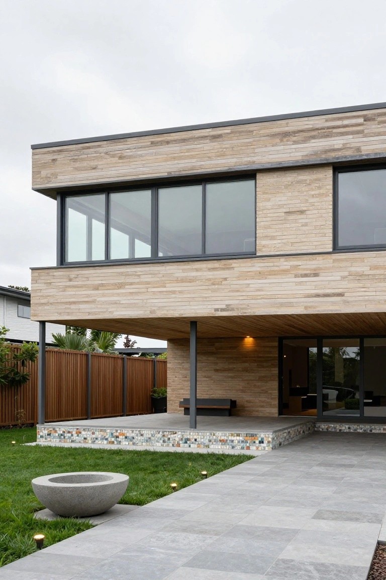 Modern two-story house exterior featuring blonde vertical timber cladding, large black-framed glass windows, cantilevered upper level supported by metal posts, adjacent wooden fence, grey stone paver path, lawn, and large stone fire bowl.