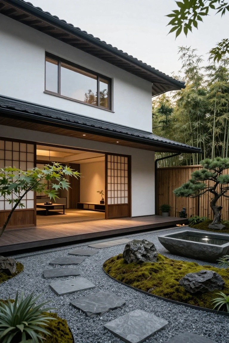 Exterior of a white modern house with black roof and open shoji screen doors on a wooden veranda adjacent to a zen rock garden of gray gravel, irregular dark stepping stones, mossy patches, large rocks, a rectangular stone basin with water, bamboo fence, pine tree, and other plants.