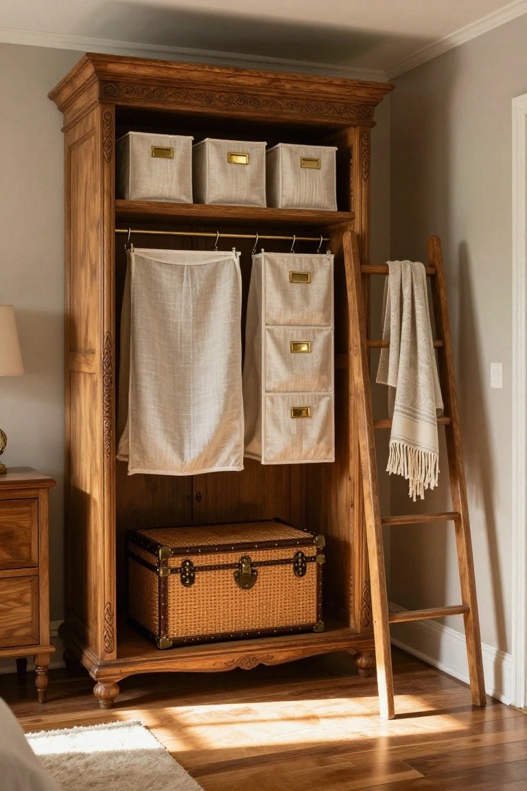 Open wooden armoire in a bedroom with labeled fabric bins on shelves, hanging white linens, drawers below, a wicker trunk at the base, and a wooden ladder draped with towels beside a nightstand on hardwood floors.