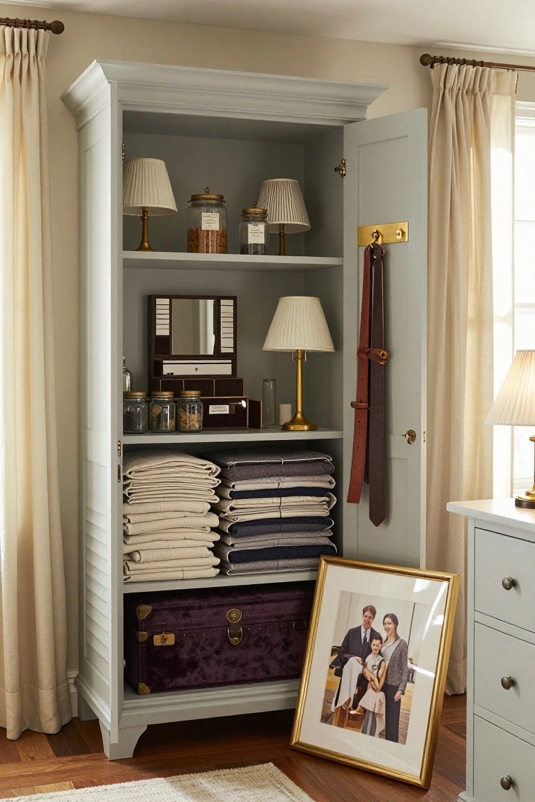 Open gray wooden armoire in a bedroom displaying stacked white and gray linens, glass jars with contents, small lamps, a vanity mirror, hanging brown belts, and a purple suitcase on the bottom shelf, with a gold-framed family photo leaning nearby and a white dresser adjacent.