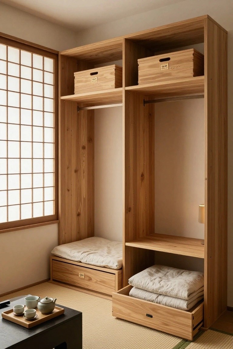 Wooden floor-to-ceiling built-in wardrobe featuring open shelves, hanging rods, a lower platform with futon mattress and storage drawers, beside shoji screens and tatami flooring in a bedroom.