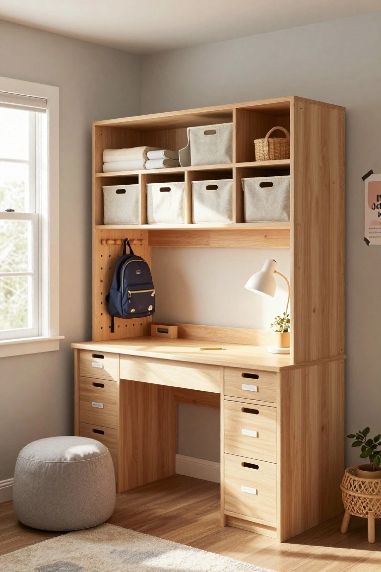 Wooden desk hutch in a light gray bedroom with open shelves holding white fabric bins and woven baskets, navy backpack on peg hooks, desk lamp, notebook, plant, drawers, gray pouf stool, and rattan planter on hardwood floor.