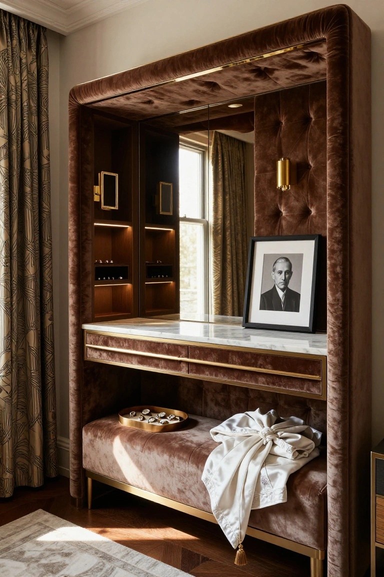 Tufted brown velvet vanity unit with marble-topped dressing table, illuminated wooden shelves displaying jewelry and watches, black-framed portrait of a man, cushioned bench with draped white silk scarf, patterned curtains, and parquet flooring in a bedroom.