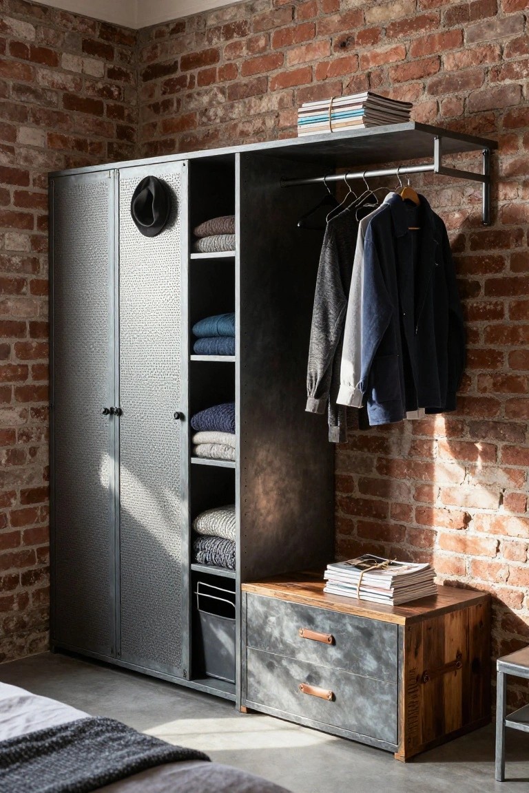 Gray metal wardrobe with textured doors on left side, open shelves holding folded sweaters and knitwear, hanging rail with jackets and shirts, black hat on door, brick wall background, wooden side table with books, partial bed view in bedroom.
