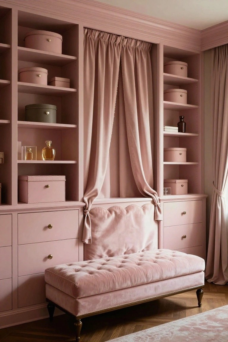 Blush pink built-in wardrobes with shelves holding round boxes, glass perfume bottles, and small containers, plus lower drawers and a central tufted pink velvet bench with draped pink curtains.