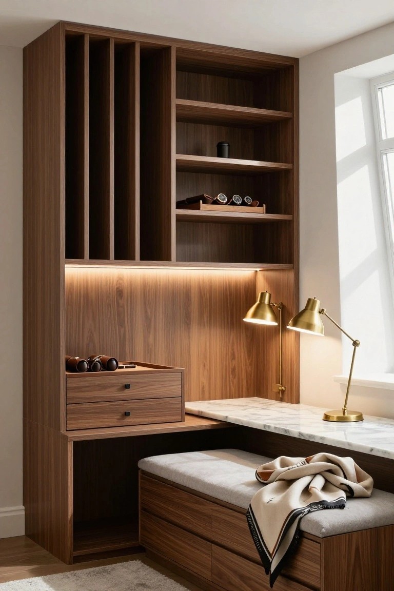 Tall walnut wood built-in cabinetry featuring vertical compartments, shelves with watch case and bottles, marble desk with drawers, cushioned bench, and two gold desk lamps next to a window.