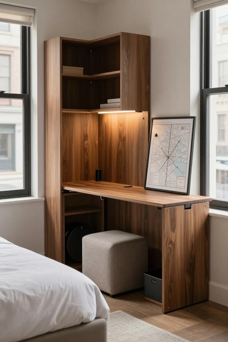 Corner wooden cabinet unit in a bedroom with open shelves, fold-down desk, integrated lighting, wall map, cushioned stool, and adjacent bed.
