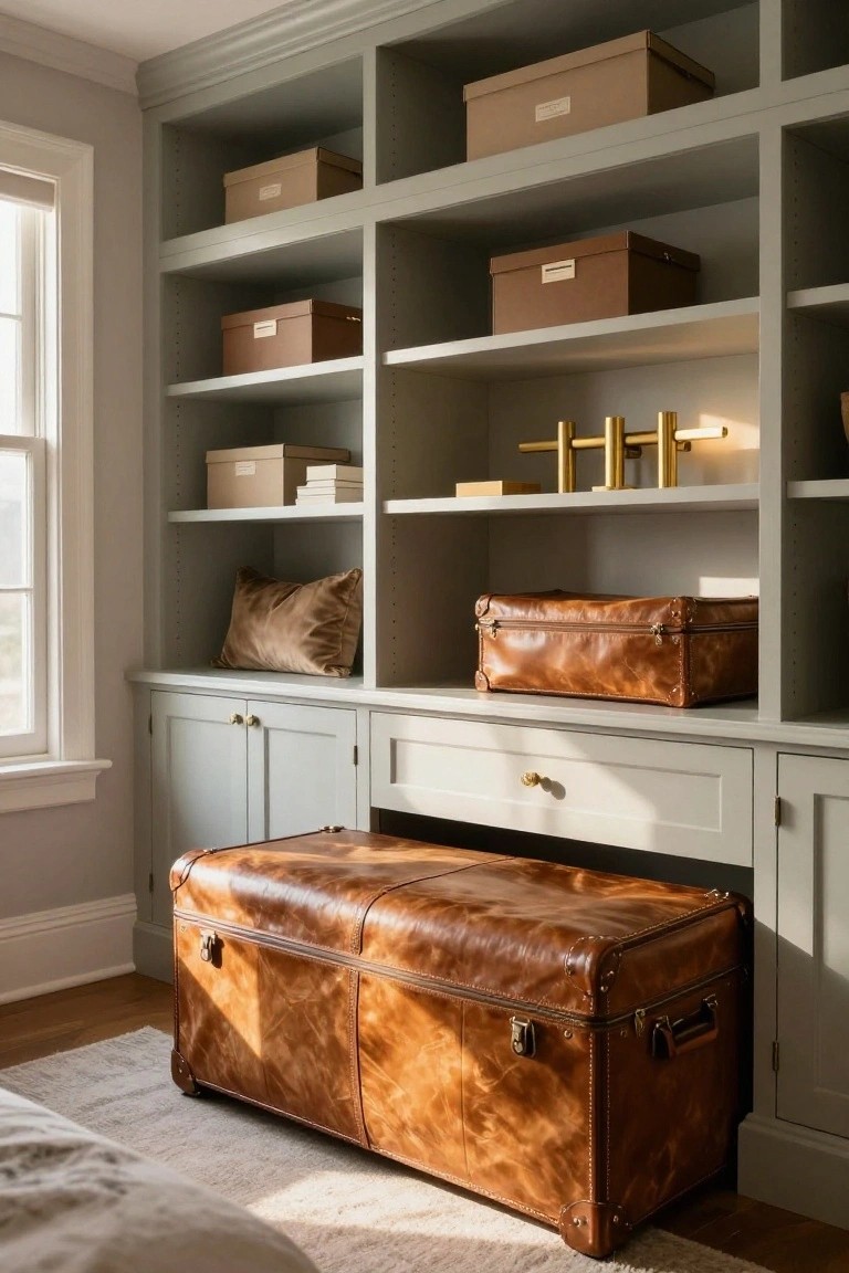 Gray built-in corner shelving and cabinets in a bedroom with beige storage boxes on shelves, gold candleholders, a velvet pillow, books, and a large brown leather trunk bench on the floor.