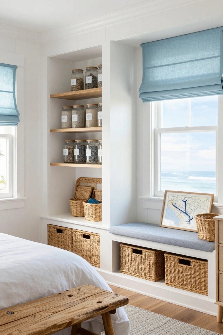 White built-in corner shelving in a bedroom holds glass jars with grains and stones on wood shelves, woven baskets in lower cubbies and on a blue-cushioned window bench, beside a white bed with driftwood footboard, double-hung windows with blue roman shades overlooking ocean waves.