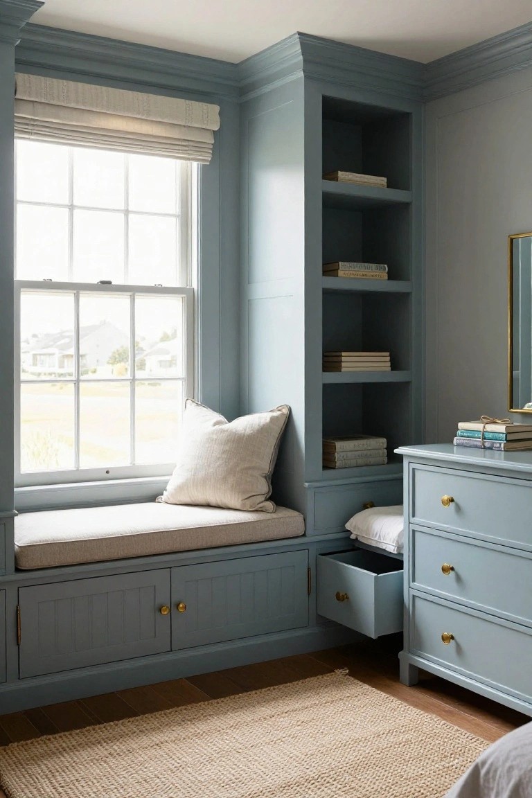 Light blue painted built-in window seat with beige cushions and pillows, open shelves holding books, under-cabinet drawers, adjacent matching blue dresser with gold knobs, large window with roman shade overlooking fields, neutral rug on wood floor in bedroom corner.