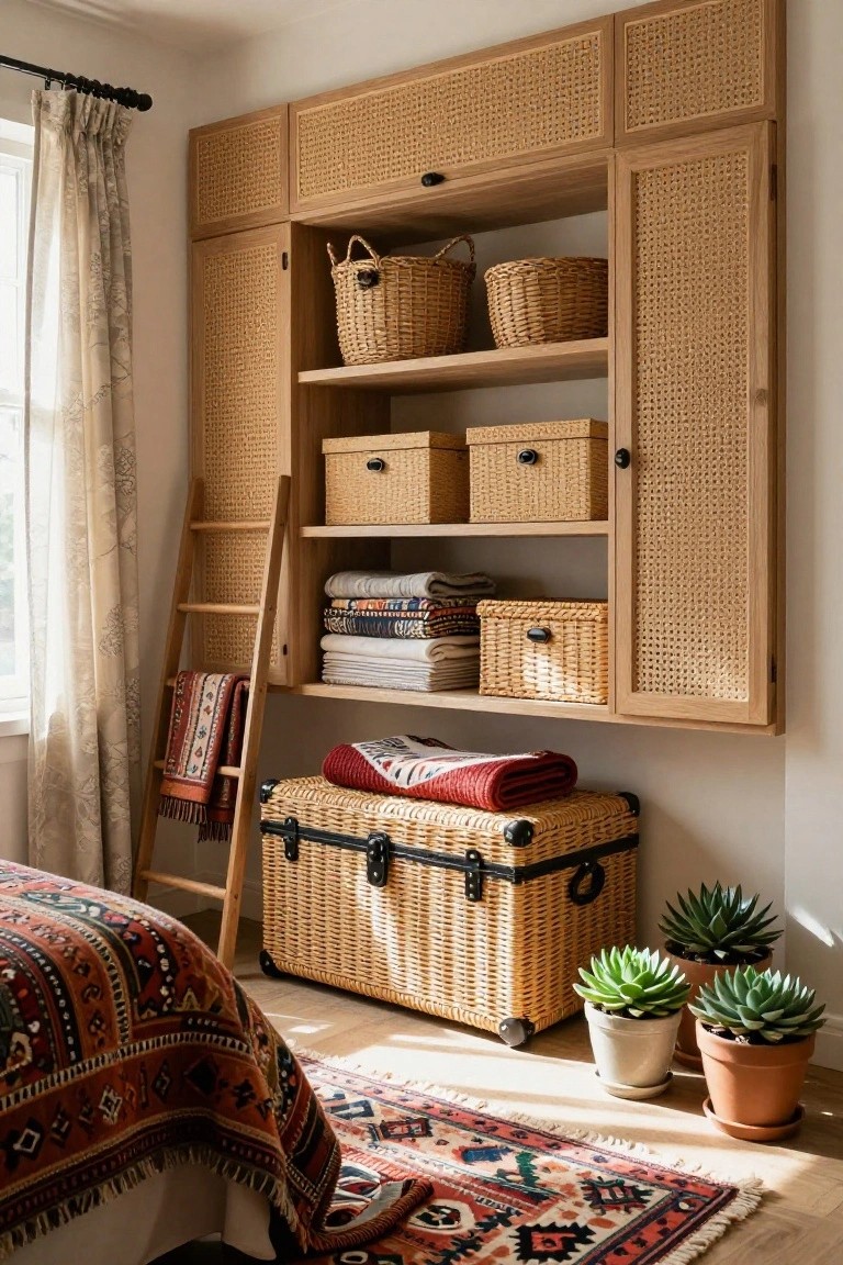 Bedroom corner featuring tall light wood built-in cabinets with cane weave panels, open shelves holding woven baskets and fabric boxes with folded linens and blankets, a wooden ladder leaning nearby, a rattan trunk on wheels on the floor, potted succulents, and an edge of a bed with patterned bedding and rug.
