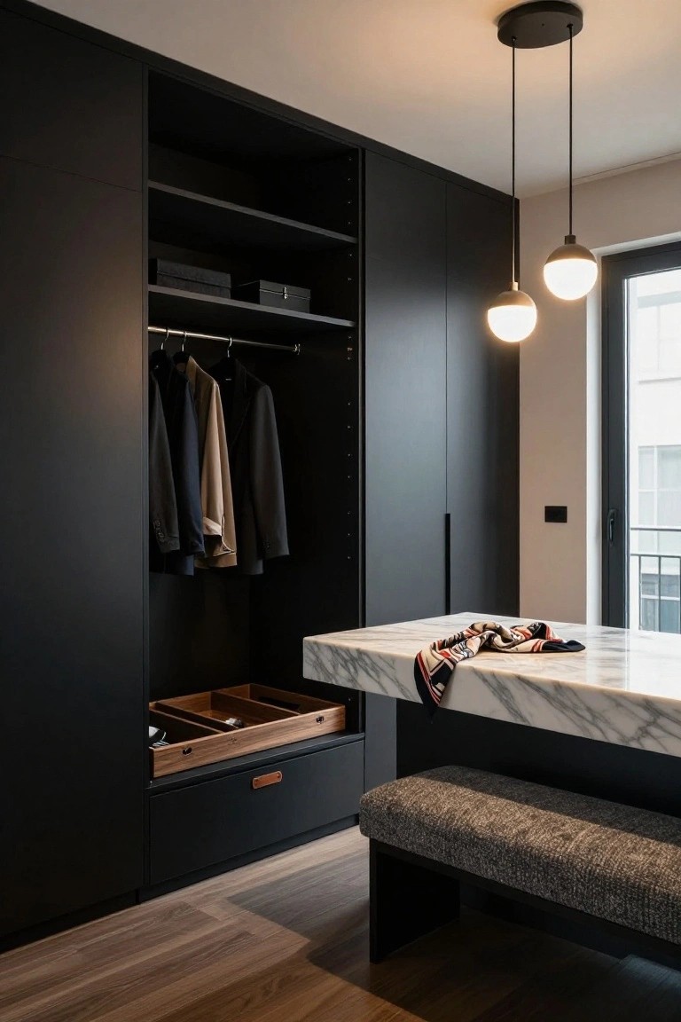 Walk-in closet with black floor-to-ceiling wardrobes, hanging dark suits and coats, open wooden drawers with organizers, white marble countertop bench holding a patterned scarf, gray upholstered bench seat, wood flooring, and pendant lights.