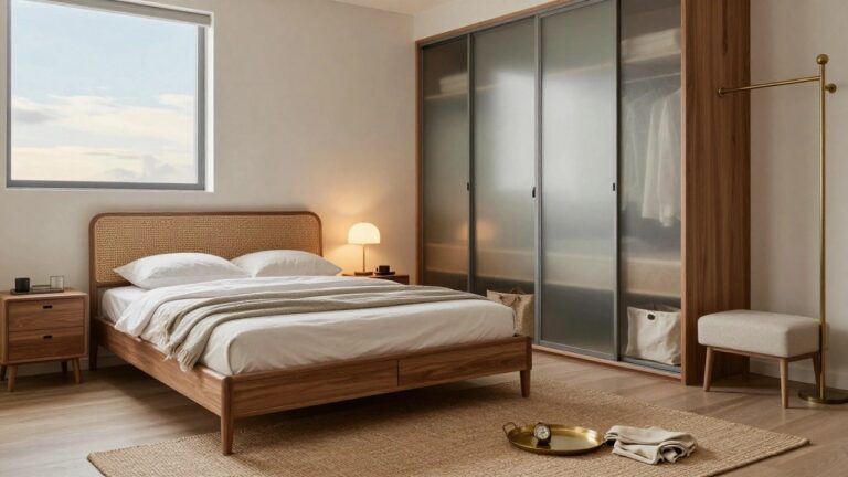 Bedroom with rattan headboard bed, white bedding, wooden nightstand and lamp, upholstered foot bench holding brass tray with watch, and tall wooden wardrobes featuring frosted glass sliding doors with visible storage bins inside.