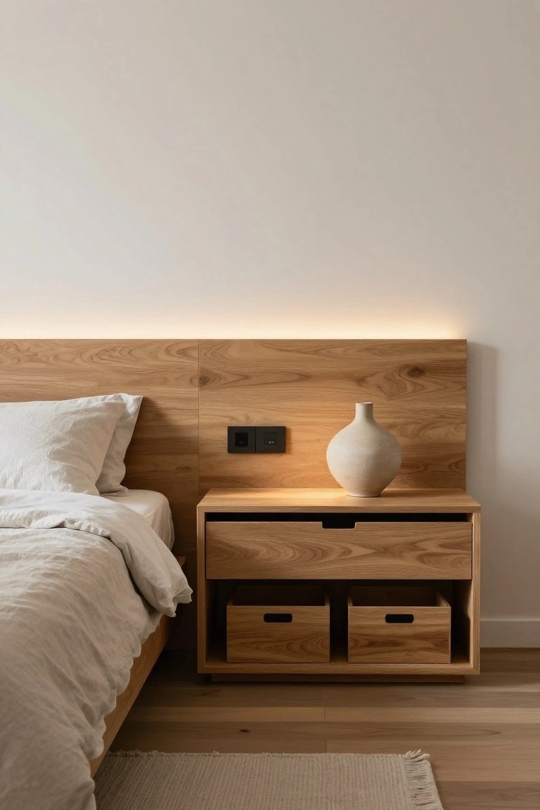 Light wooden platform bed with integrated headboard and LED lighting, matching nightstand with upper drawer and two lower pull-out wooden baskets holding beige vase under lamp light, white linen bedding, and light oak flooring in a white-walled bedroom.