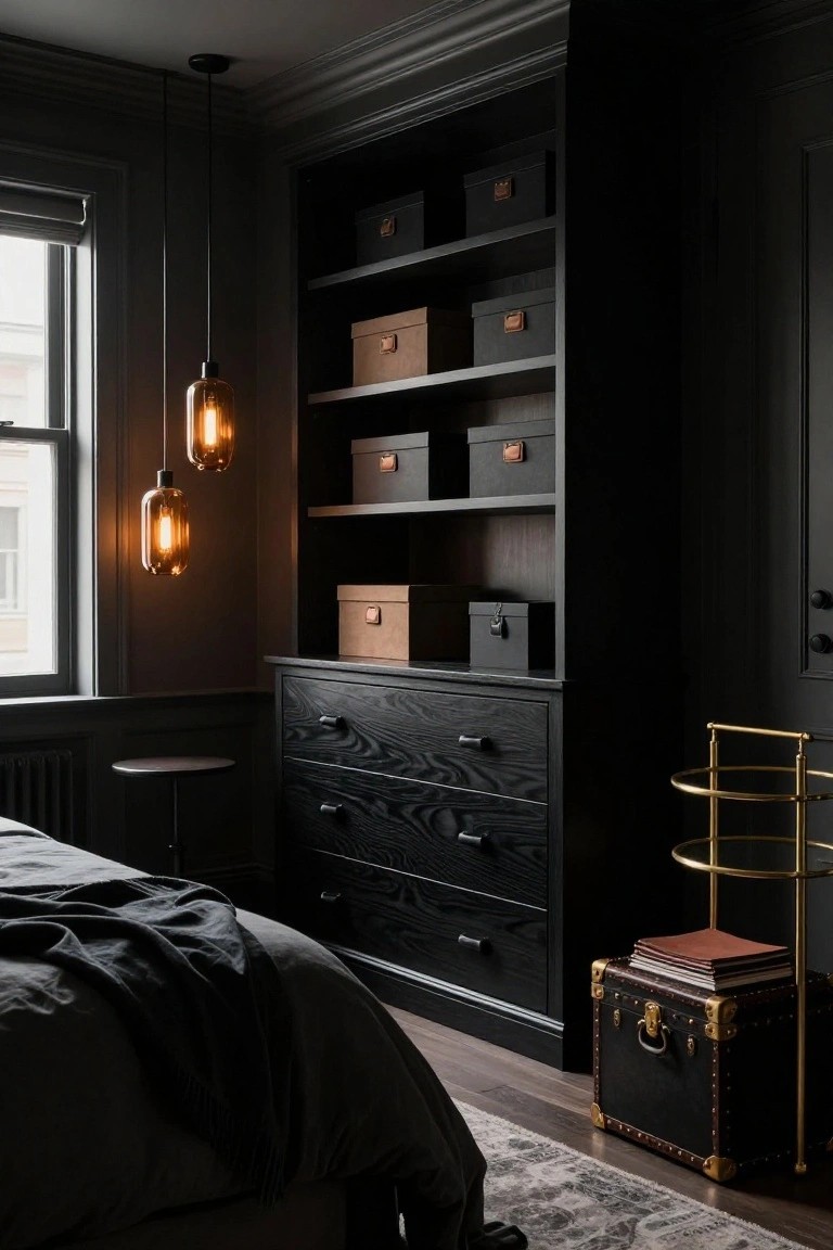 A bedroom corner with a tall dark wood wardrobe featuring open shelves stocked with tan lidded boxes, a low matching chest of drawers, two pendant lights, a bed with gray bedding, and a gold tray stand nearby.