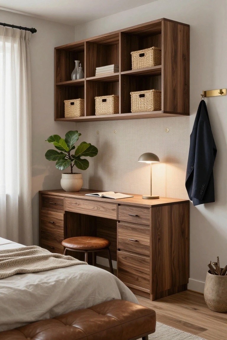 A bedroom corner with a wooden desk, wall-mounted open shelving unit holding books, a gray vase, and woven baskets, a desk lamp, potted fiddle leaf fig plant nearby, leather stool, bed with throw in background, and jacket hanging on wall hook.