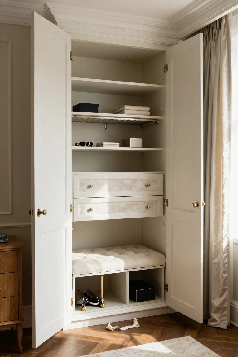 Open white double-door wardrobe with internal shelves holding linens and boxes, hanging rail, two pearlized drawers with brass knobs, lower cushioned bench on gold legs with shoe storage cubbies and a black box beside it, next to a wooden side table in a room with beige walls and cream curtains.