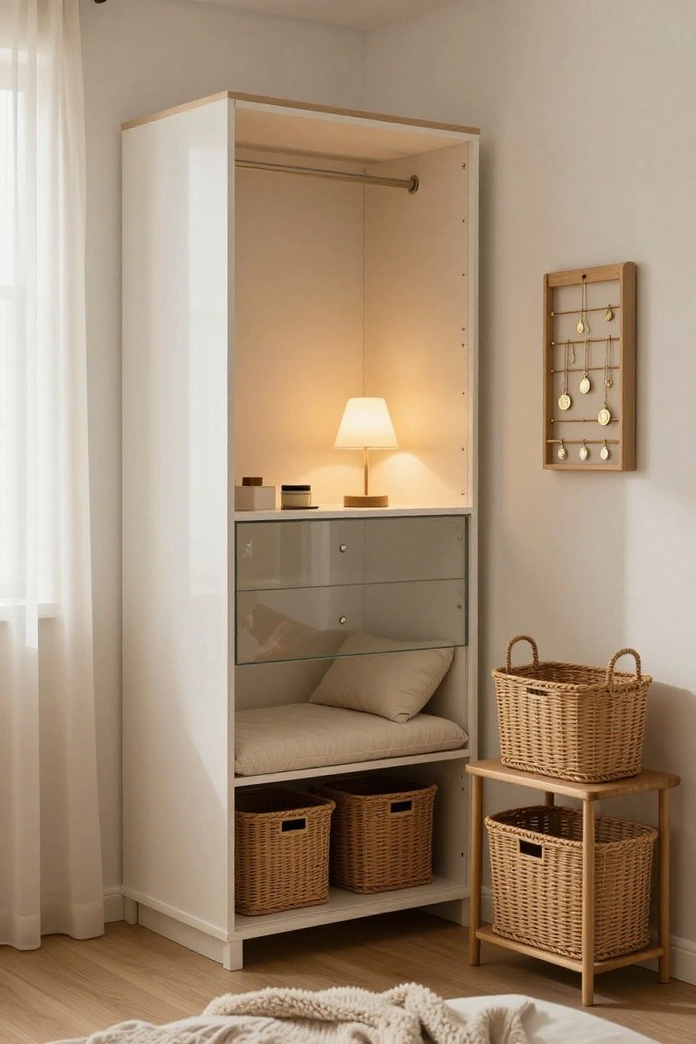Tall white wardrobe with open hanging rod, glass-fronted drawers, built-in cushioned bench at base, internal lamp, wicker baskets on shelves, and small wooden table with baskets nearby in a light bedroom corner.